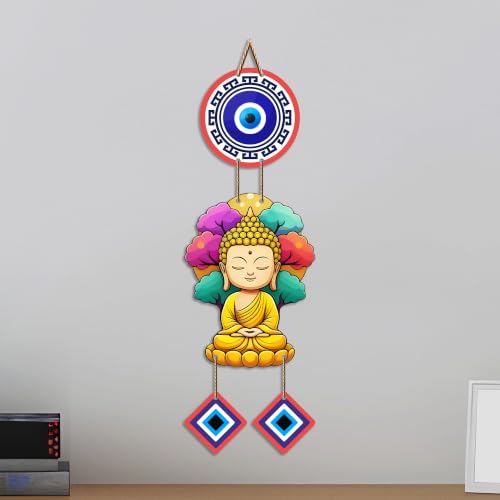 Image of Artvibes Buddha Serenity Wall Hanging with Evil Eye Protection Charms | Spiritual Decorative Hanging for Meditation | Yoga and Prayer Rooms | Wooden Home Decor Accent for Living Room (WH 85100N)