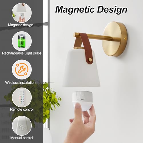 Image of Battery Operated Frosted Glass Wall Sconces Set of Two, Rechargeable Wall Lamp 3 Color Temp & 12 RGB Colors Wireless Battery Powered for Bedroom Living Room with Remote