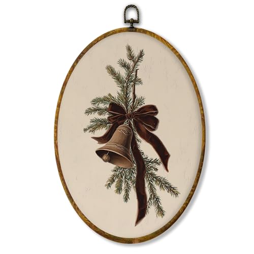 Hiuwevt Vintage Christmas Bell Oval Wall Art Decor, Rustic Coquette Ribbon Bow Bell Framed Canvas Prints, Retro Christmas Oval Wall Hanging Decor for Home Living Room Decorations, 8.6x11.4 Inches