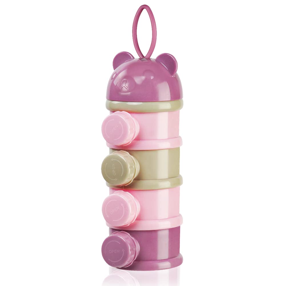 Vicloon Dosatore per Latte in Polvere, Dispenser di Latte in Polvere con 4 Scomparti, Impilabile Contenitore Spuntino e Dosalatte in in Polvere per Viaggio, Cereali, Frutta (Rosa)