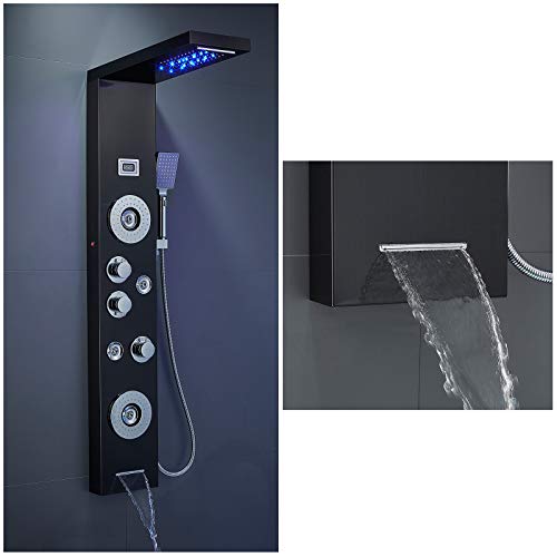 POPFLY Black LED Shower Panel Tower System, Stainless Steel Multi Rainfall Waterfall Shower Massage with Temperature Display, Wall Mount Shower Column with 2 Body Jets+4 Adjustable Body Mist Nozzle - Thumbnail 7