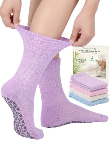 Frelimiu Diabetic Socks with Grippers for Women-4 Pairs Bamboo Viscose Hospital Grip Socks Non Slip Crew Socks with Non Binding Loose Fit for Neuropathy Edema Elderly 4-7