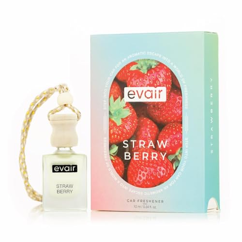 Image of Evair Strawberry Car Air Freshener | Hanging Car Perfume | Premium Car Fresheners | Car Aroma with Essential Oils| Hanging Perfume for Car in Glass Bottle with Wooden Diffuser Lid (10ml, Pack of 1)