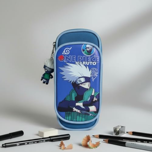 Image of KiddiBox One Piece Anime Pencil Case, Blue Double Zipper Stationery Pouch with Character Charm, School Supply with Keychain, Pencil Box for Boys and Girls, Best Gift