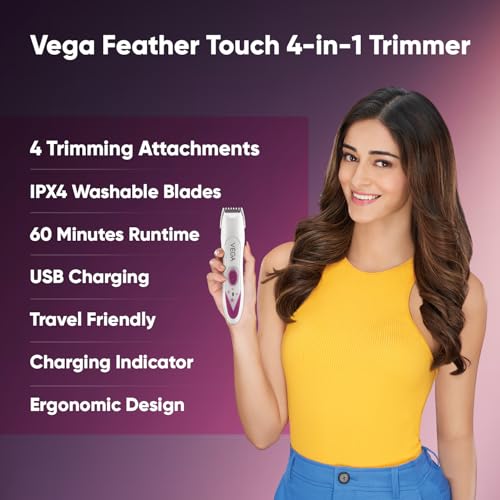 Vega Feather Touch 4-in-1 Trimmer for Women with Rechargeable Cordless, 60min Runtime, Suitable for trimming Eyebrows, Nose, Face & Bikini Area (VHBT-03) White - Image 2