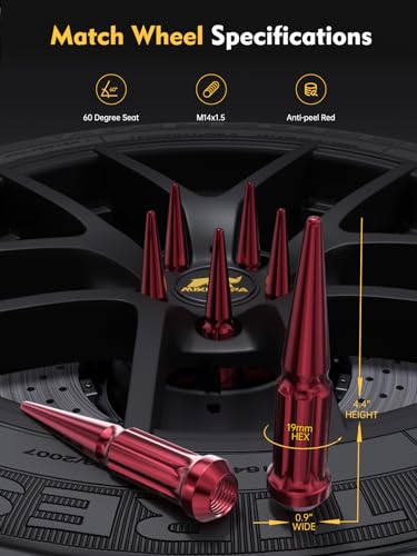 Image of MIKKUPPA M14x1.5 Wheel Spike Lug Nuts, Red 24PCS Closed End Nuts | Cone /Conical Bulge Seat, With 1 Socket Key, Replacement for Chevy Silverado Aftermarket Wheel