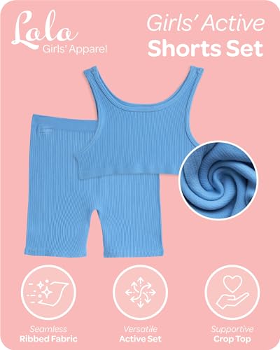 image for LaLa Girls' Active Shorts Set - 2 Piece Seamless Ribbed Crop Tank Top 