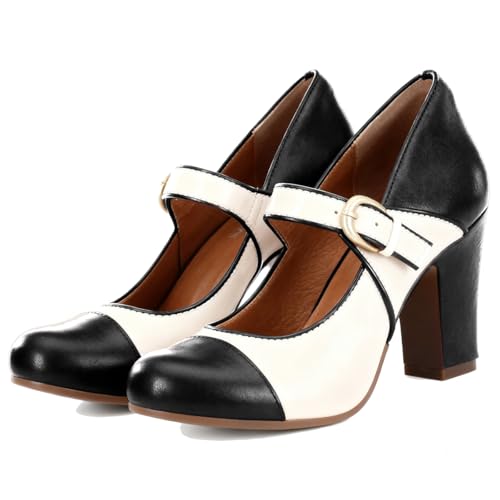Image of SHODENSE Women Vintage Chunky High Heel Mary Jane Shoes Round Closed Toe Ankle Strap Dress Sandals 3 inch Block Heels Mary Jane Lolita Pumps Two-Toned Patchwork Buckle Office Lady Wedding Retro 4-11 M US