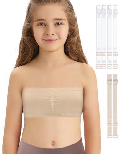 Girls Bandeau Top Bra with Clear Straps,Training Bralette Seamless Nude Sports Tube Strapless Longline Crop for Teens