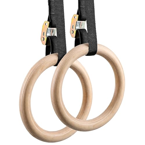 Image of GISCO Wooden Gymnastic Rings | 300 kg Load Capacity | Adjustable Straps with Metal Buckles | Calisthenics & Strength Training for Home Workout (Set of 2)