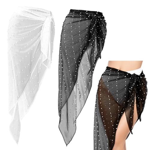 2 Pieces Pearl Cover up Sarong Bride Swimsuit Cover-up Long Black and White Bachelorette Outfits for Bride Sheer Mesh Beach Suit