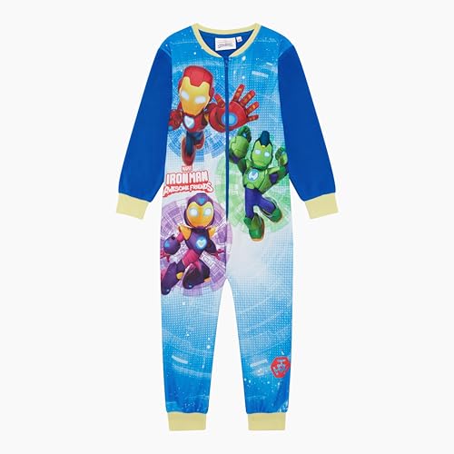 Marvel Iron Man and His Awesome Friends Official Boys or Girls Onesie, Sleepsuit, All in One Pyjamas Featuring Iron Man, Ironheart and Iron Hulk, Blue, Age 4-5 Years