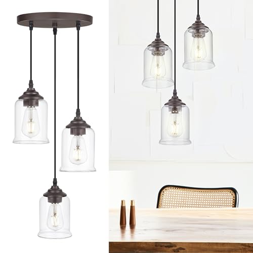 Image of zeyu 3-Light Cluster Pendant Light, Farmhouse Hanging Lights for Kitchen, Oil Rubbed Bronze Pendant Light Fixtures Adjustable with Clear Glass Shade, ZSL104-3 ORB