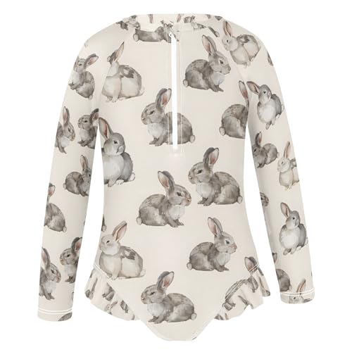 ALAZA Gray Rabbit Bunny Retro Girls One Piece Swimsuit Long Sleeve Rash Guard Swimsuits UV 50+ Swimwear Zipper2