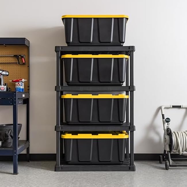 IRIS USA 27 Gallon Heavy Duty Truck Bed Toolbox Storage Tote Bins with Lids, 4 Pack - Made in USA, Tough Snap On Lockable Lid Stackable Industrial Tubs, Garage Organization Reusable Box - Black/Yellow
