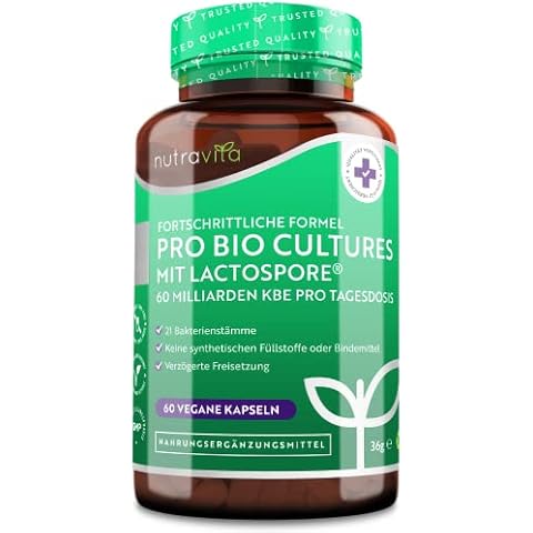 Pro Bio Cultures Complex - 60 Mrd KbE pro Tagesdosis mit 21 Bakterienstämmen - Premium: Mit Lactospore® - Mit hoher Wirksamkeit und intensivem Wirkstoffgehalt - Hergestellt von Nutravita Cover