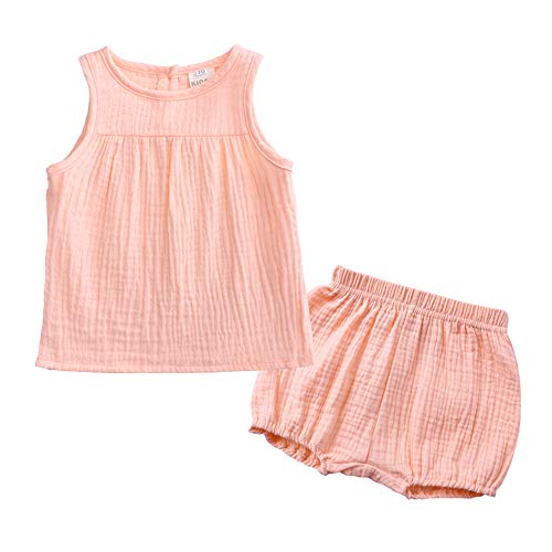 Kids Tales 2Pcs Baby Boys Girls Outfits Toddler Cotton Linen Tank Tops Vest + Bloomers Pink