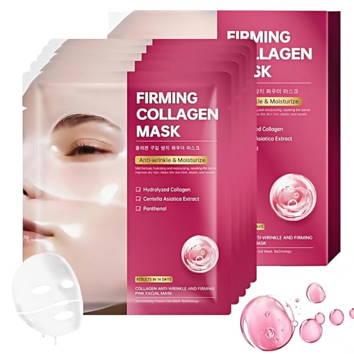 Mascarilla facial de colágeno, 5 piezas de mascarillas faciales de colágeno orgánico, mascarilla facial de hidrogel para la elasticidad, hidratación, reafirmación y humectación de la piel