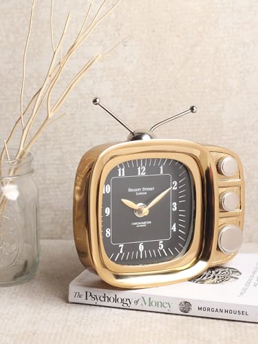 Image of Decor de Maison Brings Handcrafted Retro Tv Timepiece Table Clock for KidsRoom, Living Room, Bedroom, Study Table|Classic Non-Ticking Tabletop Battery Operated Analog Desk Clock in Gold (17x4x17cm)