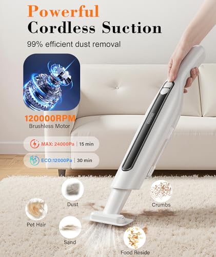 CUIOFREE Cordless Handheld Vacuum,24KPA Powerful Hand Held Vacuum,Portable Rechargeable Car Vacuum Cleaner with Brushless Motor,Charging Dock and Washable Filter for Car,Home,Office,Pet Pair,White — view 2