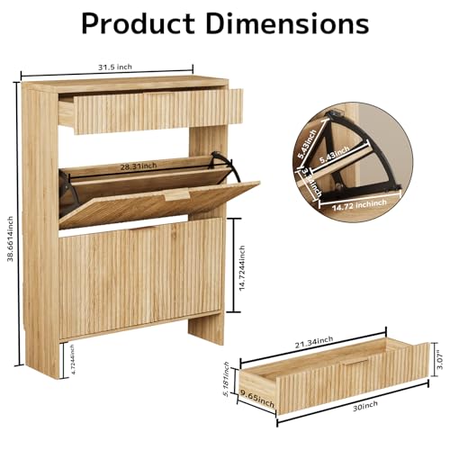 Image of Fluted Shoe Cabinet Storage with 2 Flip Drawers & 1 Drawers, Wood Narrow Hidden Shoe Cabinet with Adjustable Shelf for Entryway, Freestanding Slim Shoe Rack Organizer for Foyer Hallway Living Room
