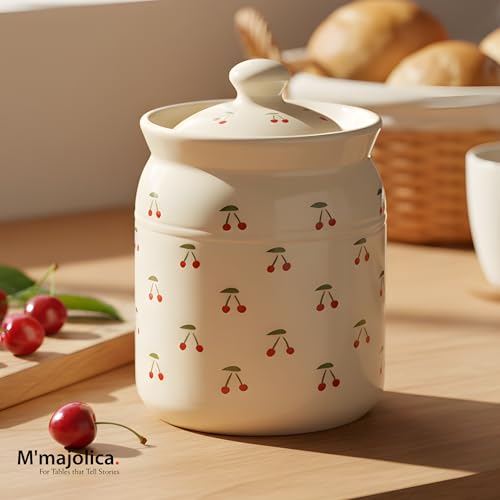 Image of Cherry Printed Ceramic Handglazed Pickle Jars Set of 2-1000 ML Each | 1 kg Achaar Martban Barni Jar with Lid | Ceramic Storage Jar Container Pickle /Achar, Chatney
