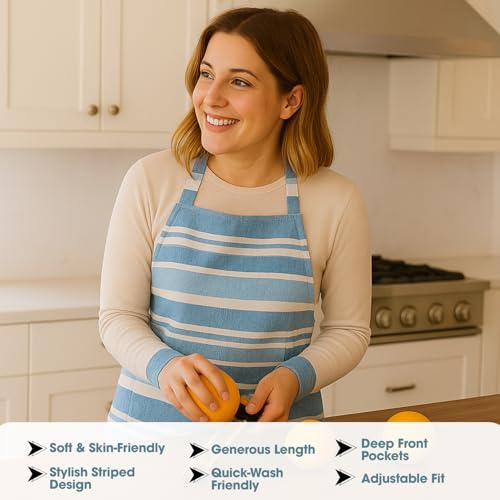 Image of Unisex Cooking Aprons | Waterproof Apron | Striped Design with 2 Front Pockets & Adjustable Neck Strap | Durable, Oil & Stain Resistant | Chef Apron for Cooking