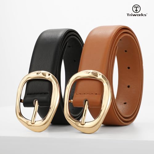 Image of TRIWORKS 2 Pack Leather Belts for Women Fashion Waist Belt with Liquid Shapes Women Belt for Jeans Pants Dresses