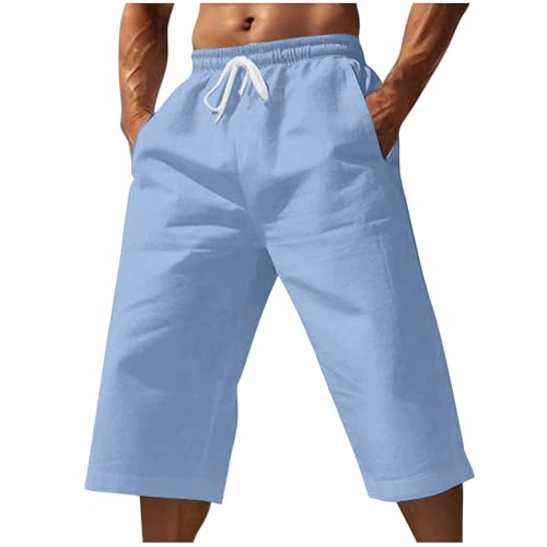 Cambkatl Men's Cotton Linen Capri Pants Lightweight Casual Summer Drawstring Elastic Waist Loose Beach Pants with Pockets