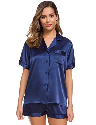 Image of SWOMOG Womens Silk Satin Pajamas Set Short Sleeve Sleepwear Button Down Top and Shorts Loungewear 2 Piece Pjs Set XS-3XL Navy Blue Solid X-Large
