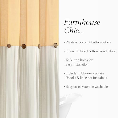 Image of Lush Decor Linen Button Farmhouse Shower Curtain Pleated Two Tone Design for Bathroom, 72 inch x 72 inch, Yellow & Off-White - DISCONTINUED