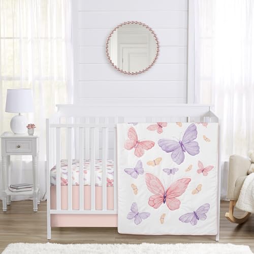 Image of Sweet Jojo Designs 3-Piece Baby Crib Bedding Set (Shabby Chic Butterfly) for Girls, Infants/Nursery incl. Blanket, Fitted Sheet and Crib Skirt (Pink and Purple, Colorful, Pastel, Lilac, Watercolor)