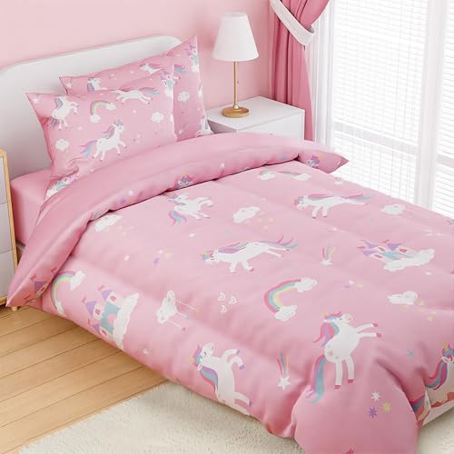 Image of SANDJEST Unicorn Comforter Set Twin Size 68x86in for Kids Girls, Microfiber 3 Pcs Bedding Set Includes 1 Comforter, 1 Pillowcase, 1 Fitted Sheet, Nursery Room Decor