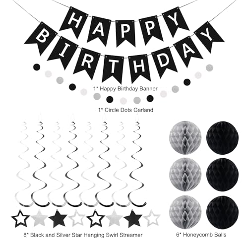 Image of Birthday Decorations Happy Birthday Banner with Honeycomb Balls | 16pcs Birthday Set: 1 Banner+6 Honeycomb Balls+8 Star Spirals+1 Circle Dots, Happy Birthday Decor - Black and Silver