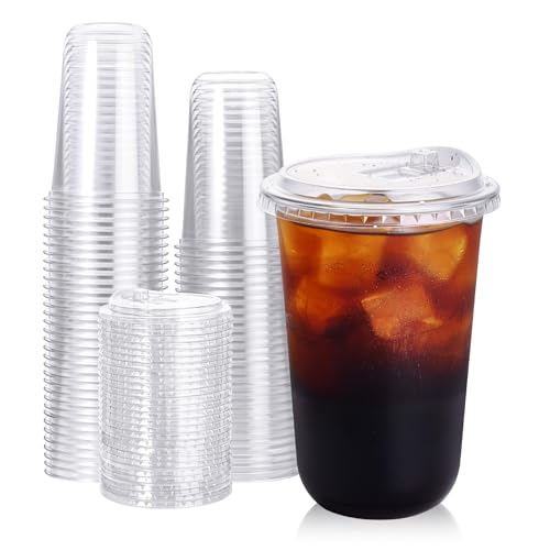 Turbo Bee 100 Pack - 16 oz Round Bottom Clear Plastic Cups with Strawless Sip - Lids Disposable To Go Coffee Cups with Sippy Lids for Iced Coffee Cold Drinks and Beverages