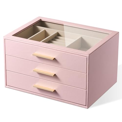 pickpiff Jewelry Box Organizer Case for Women: 3-Layer Jewelry Storage Case with Glass Window, Pink...