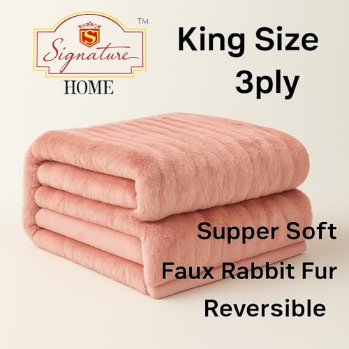 Image of Signature 3-Ply Faux Rabbit Fur Blanket King Size | Ultra Soft Heavy Weight Quilt-Feel Blanket | 6kg Luxury Winter Comforter for Bed Ideal for Heavy Winters (Peach)
