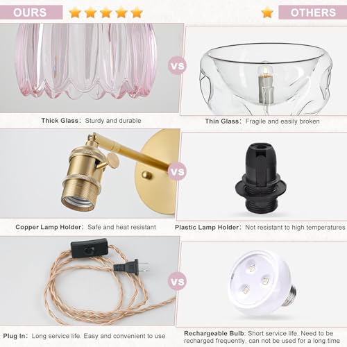 Image of Plug in Wall Sconces Set of 2, Vintage Wall Sconce Light with Tulip Pink Glass Lampshade, Bedroom Wall Sconce with Switch and Plug in wall lamp Cord, Gold Wall Light Wall Decor Set of 2