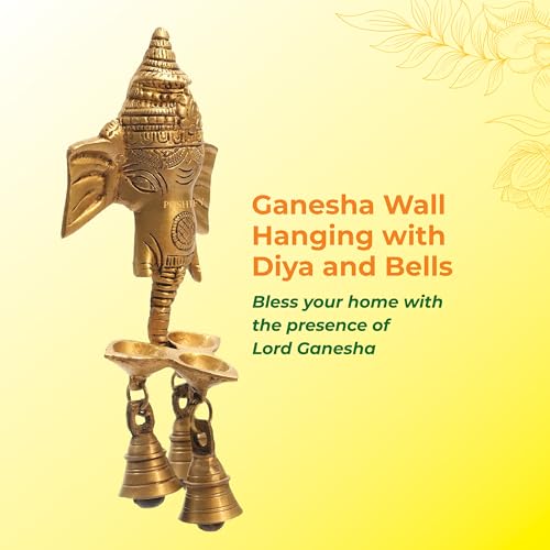 Image of Ganesha Wall Hanging with Diya and Bells -Positive Energy, Ganpati Decor, Lord Ganesha Idol, Hindu Spiritual Decor, Temple Decoration, Pooja Room Essential, Good Luck Charm|Shubh Labh - 735