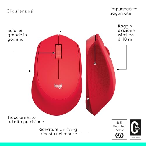 M330 SILENT PLUS Mouse Wireless, 2,4 GHz con Ricevitore USB Nano, Tracciamento Ottico 1000 DPI, Durata Batteria di 2 Anni, Compatibile con PC, Mac, Laptop, Chromebook - Rosso - Mouse gaming - Immagine 6