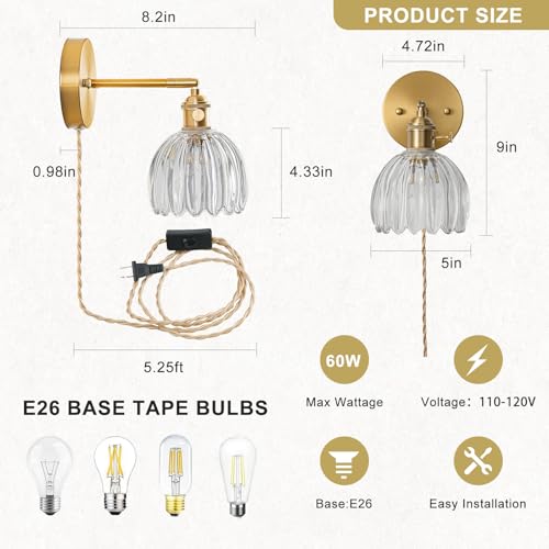 Image of Plug in Wall Sconces Set of 2, Vintage Wall Sconce Light with Tulip Transparent Glass Lampshade, Bedroom Wall Sconce with Switch and Plug in wall lamp Cord, Gold Wall Light Wall Decor Set of 2
