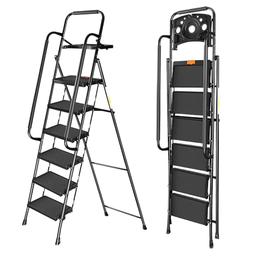 Valeo 6 Step Ladder with Handrails 500 Lbs Capacity Folding Step Stool Ladder with Tool Platform Wide Anti-Slip Pedal Step Ladder 6 Step Folding Multi-use for Home Kitchen Office Black