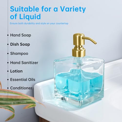 Image of Square Soap Dispenser Brushed Gold Pump, 16.9 oz | Glass Bottle, Stainless Steel Pump, Cube, Large Capacity, Liquid Hand Soap Dispenser Bathroom Kitchen