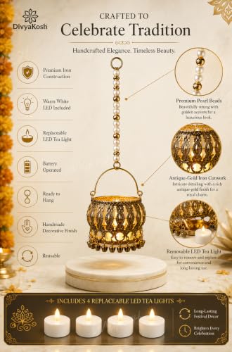 Image of Divyakosh Pack of 4 Festive Hanging LED Decor, Decorative Hang Tea Light Lantern, Temple & Festive Hangings Light, Diwali, Temple, Pooja, Lakshmi Ganpati Decor| 4 LED Lights