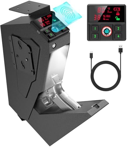 QINGENO Quick-Access Mounted Nightstand Handgun Gun Safe, Drop Down Auto Open Lid Smart Pistol Safe with Biometric Lock/Keypad Lock/Key Lock (QG8002F Biometric)