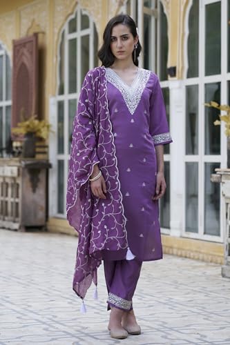 Image of VredeVogel Women's Silk Blend Kurta Pant Set with Chanderi Embroidery Work Dupatta