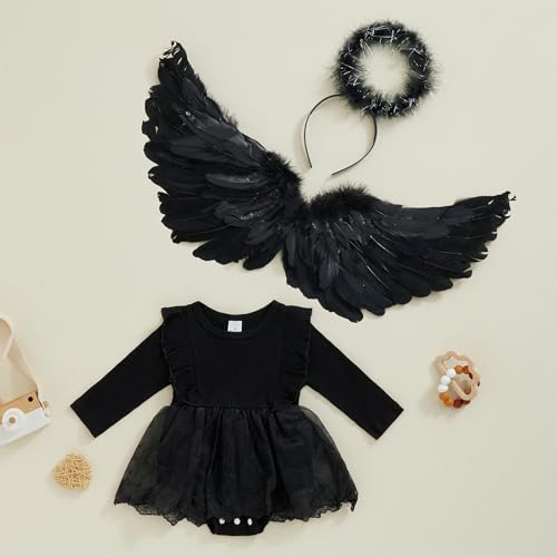 Baby Girls Rompers Dress Ruffles Long Sleeve Lace Embroidery Skirt Hem Jumpsuits Bodysuits with Halo Headband and Angel Wing2