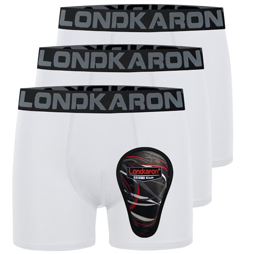 Londkaron 3-Pack Youth Boys Stretch Boxer Briefs w/Soft Protective Cup Elite Boxer Jock for Baseball & Football (Medium White)