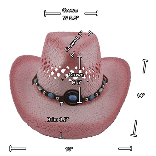 Straw Cowboy Hat Cowgirl Hats Men Women Sun Hat Sombreros Vagueros Classic Western Accents Sombreros (Pink W Tq Pendant) #TOP4