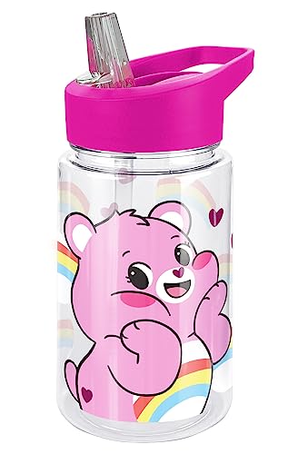 LOGOVISION Care Bears Kids Tritan Plastic Water Bottle with Straw Lid and Handle, Reusable Tumbler for Toddlers, Unisex for Girls and Boys, 12oz, Cheer Bear Belly Pattern